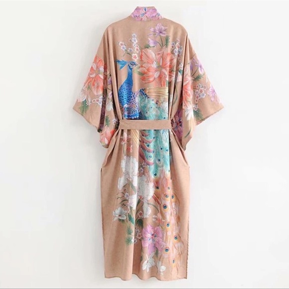 Boho Peacock Bird Of Paradise Kimono, Duster, Tan - Picture 4 of 7